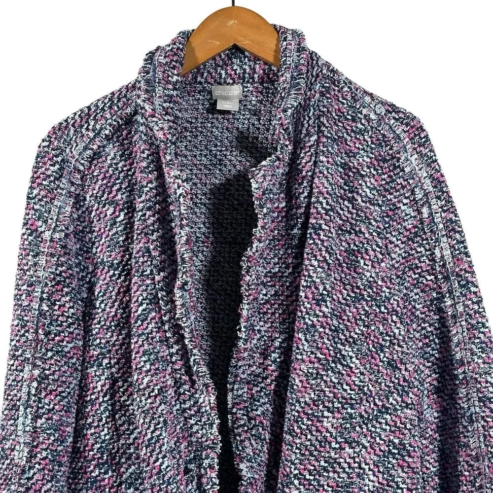 Chico’s Women’s Tweed Multicolor Structured Notch Collar Fringe Cardigan Size 2